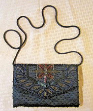 Vintage Black and Gold Beaded Satin Evening Clutch With Shoulder Cord