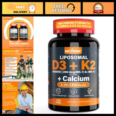 High-Potency Vitamin D3 20,000 IU + K2 (MK4 & MK7) 200mcg + Calcium Citrate 200m