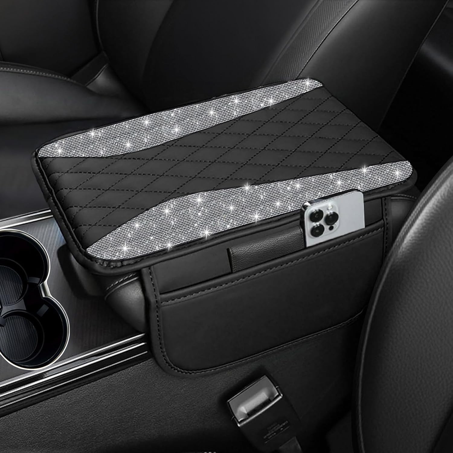 NBTEPEM Silver Diamond Bling Car Center Console Cover with 2 Storage Bags