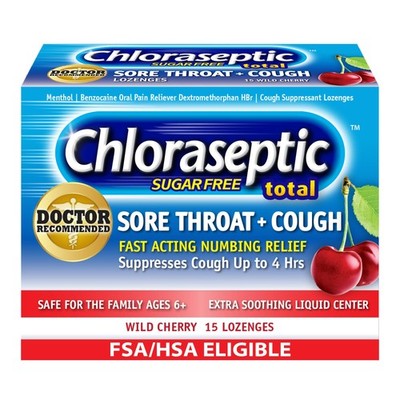 Chloraseptic Total Sore Throat + Cough Lozenges, Sugar-Free Wild Cherry Flavor,