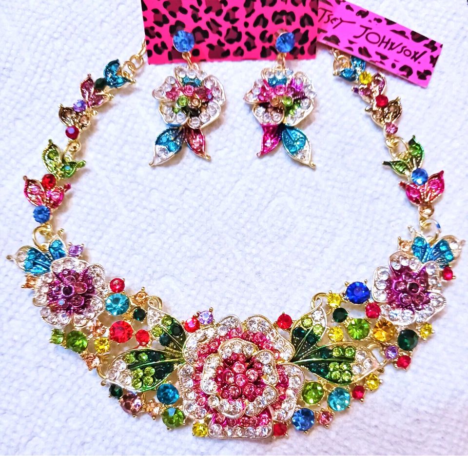 Conjunto de Pendientes Collar Betsey Johnson Ramo Flor Arco Iris Flor Estrás Floral Foto 2 de 4