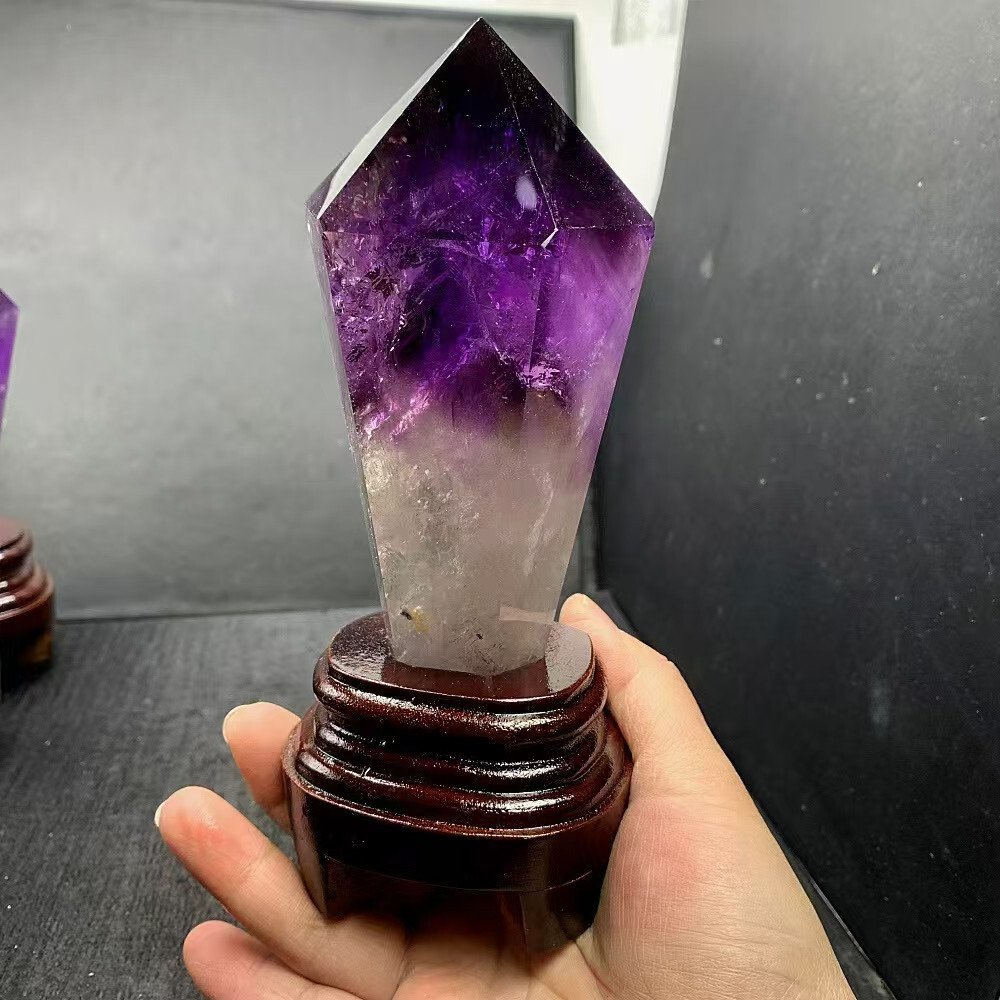 A+ 515g Natural Amethyst Quartz Obelisk Tower Point Wand with Stand for Reiki Healing