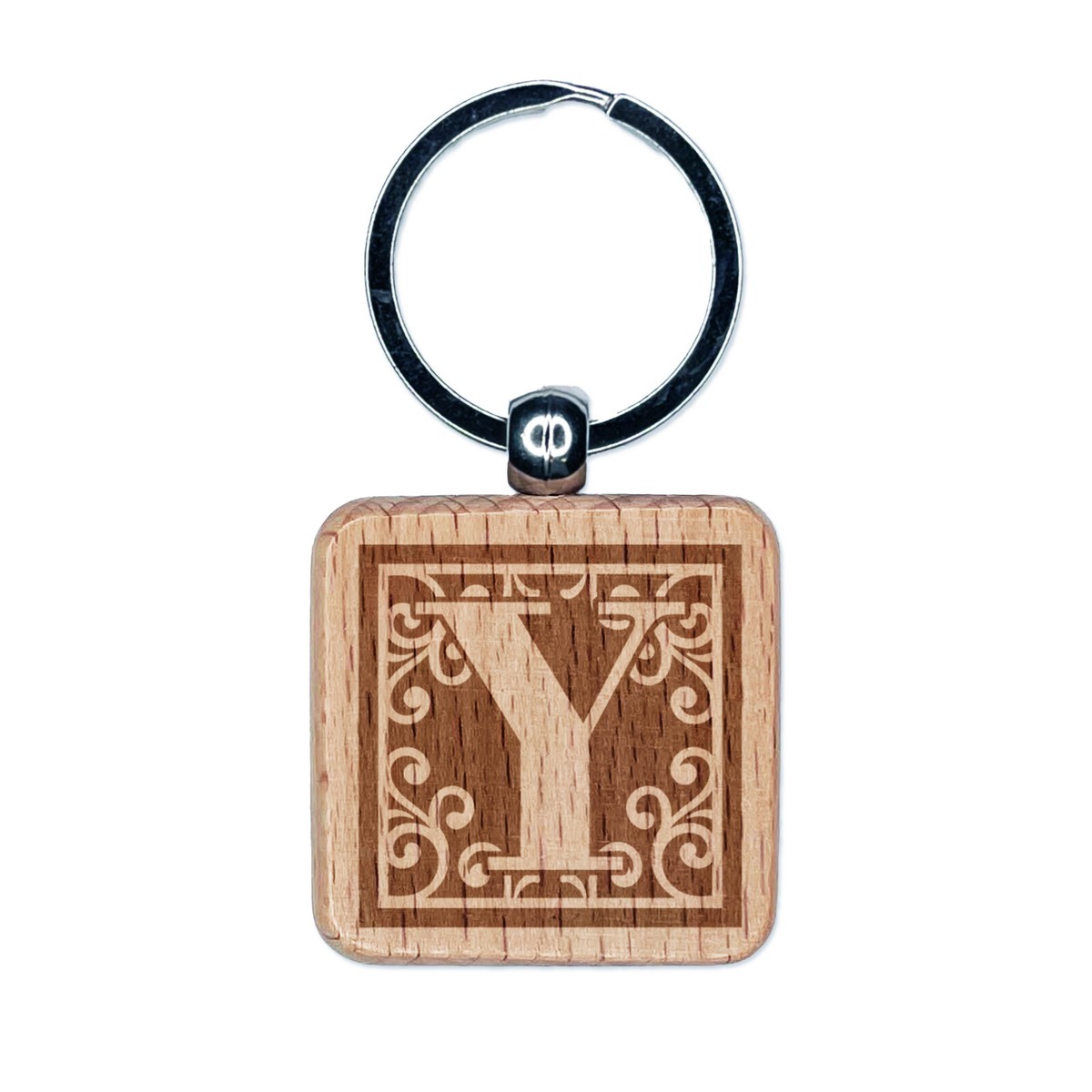 Monogram Swirls Capital Letter Y Engraved Wood Square Keychain Tag Charm