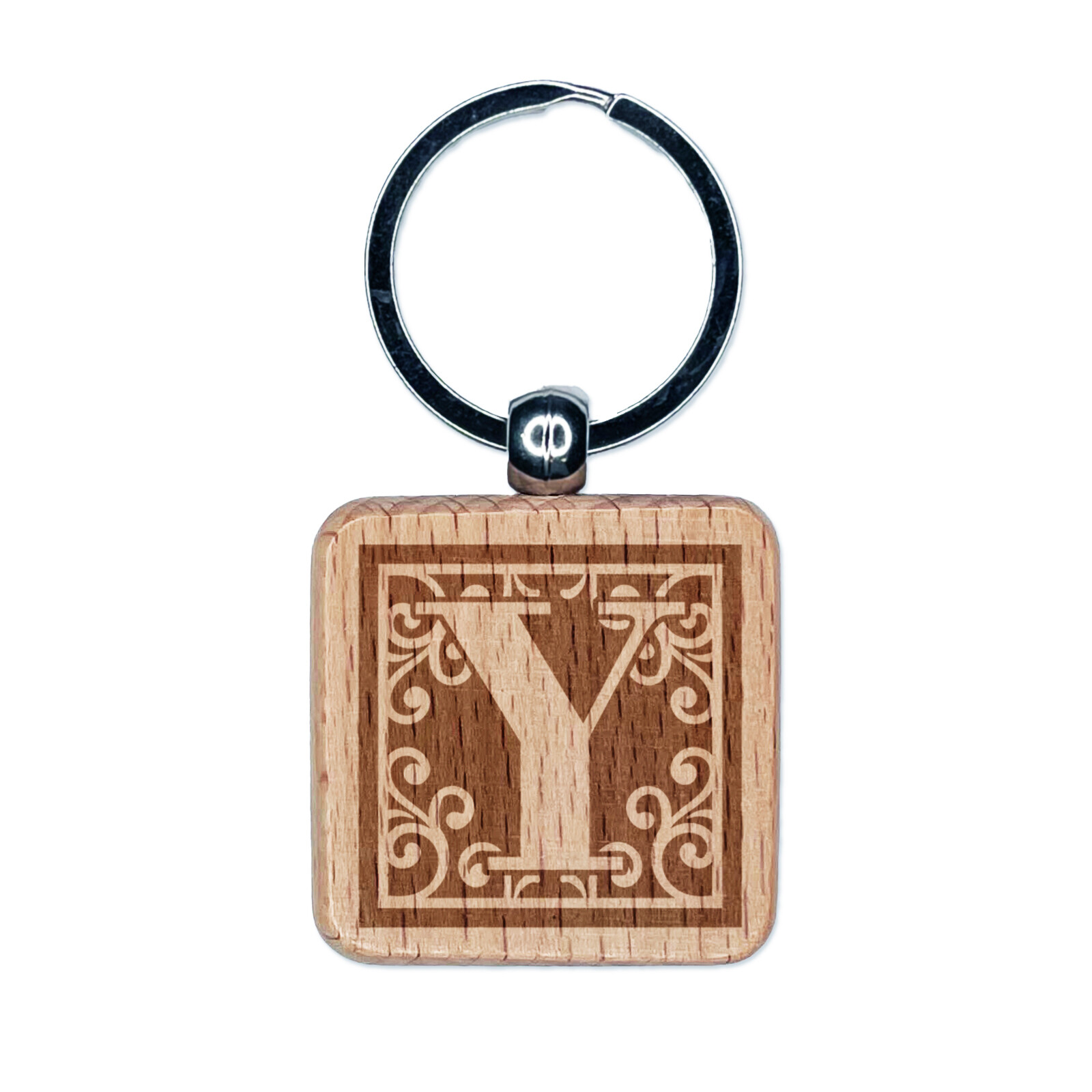 Monogram Swirls Letter Y Engraved Wood Keychain Charm Tag  