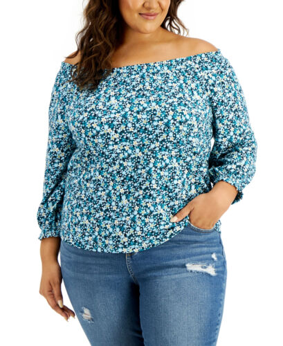 Style & Co Women's Plus Size Cotton Ditsy-Print Top (1X, Teal Ditsy)