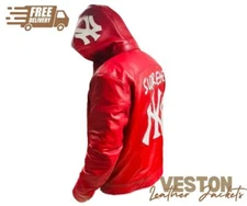 NY Yankees Letterman Varsity Leather Jacket Removable Hood Red Black