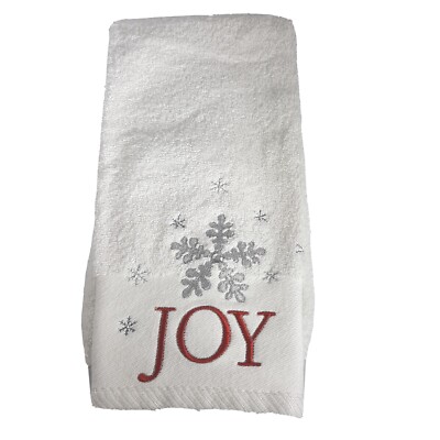 JOY Christmas Hand Bath Towel Silver Snowflake With Silver Gem White Red Joy