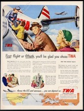 1950 TWA airlines stewardess plane happy family art vintage travel print ad