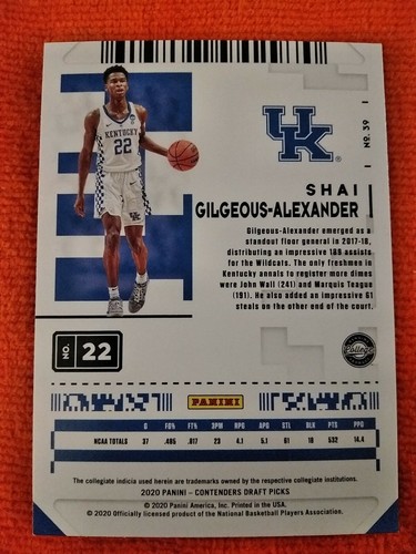 2020 Panini Contenders Prospect Ticket Shai Gilgeous-alexander #39 - Picture 2 of 2