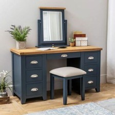 Image of Dressing Table Set with Mirror & Stool Twin Pedestal Westbury Blue Painted