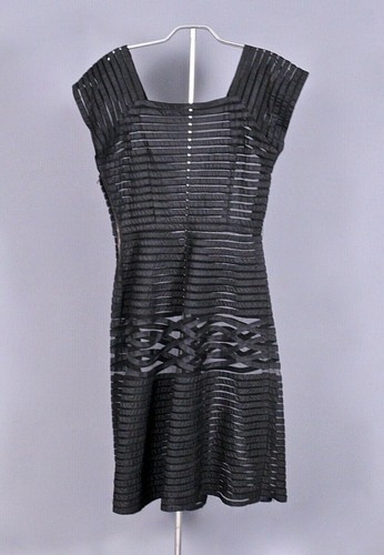 VTG Women's 50s Sheer Black Grosgrain & Mesh Striped Dress Sz S 1950s LBD - Picture 2 of 6