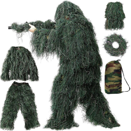 5 in 1 Ghillie Suit 3D Camouflage Hunting Apparel Jacket Hood Carry Bag Pants Me - Picture 2 of 15