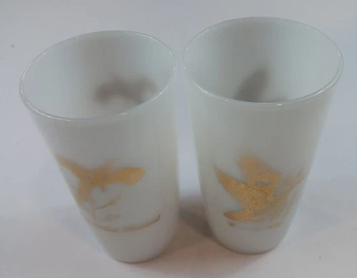 Set of 2 Vintage FEDERAL MILK GLASS GAME BIRD TUMBLERS 22Kt Gold