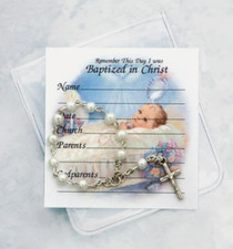 Baby / Infant 2" Rosary Keepsake CHRISTENING, BAPTISM, in Clear Sleeve with Card