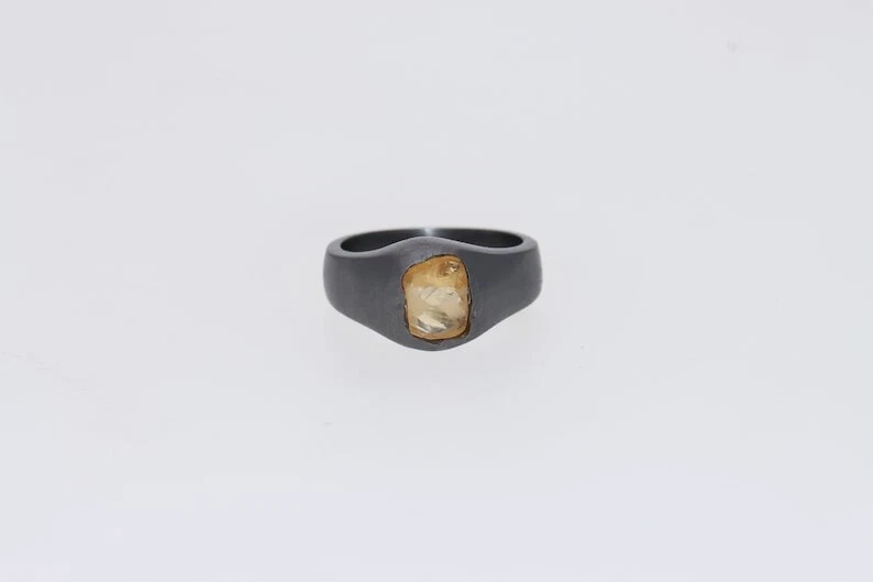 Raw Citrine Ring 925 Silver Ring Mens Ring Black Ring Signet Ring Gift For Him