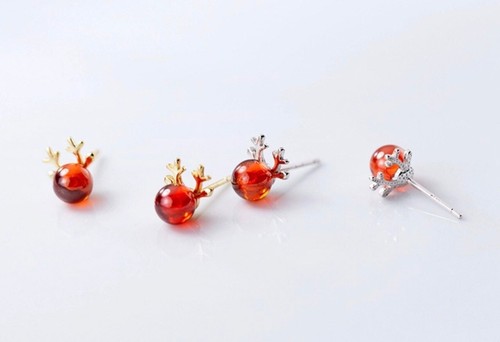 Small Ruby Red Nose Reindeer Studs Earrings-Solid 925 Silver Gold Christmas Gift - Picture 4 of 8
