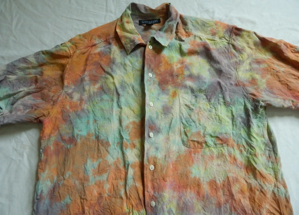 Camisa de seda tie dye púrpura naranja manga corta abotonada - grande para hombre hecha a mano Foto 3 de 4