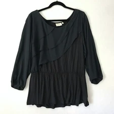 Anthropologie Deletta Alee Navy Ruffle Blouse Women's Sz XL Cascading Peplum Top