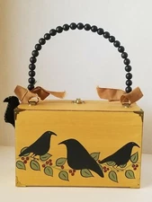 Blossom Bucket Primitive Style Wooden Purse Handbag Decor Black Crows Country