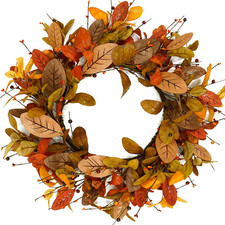 Artificial 20 Inch Fall Wreath Autumn Magnolia Wreath with Wooden Magnolia Leave