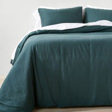 Full/Queen Heavyweight Linen Blend Comforter Sham Set Dark Teal Blue -