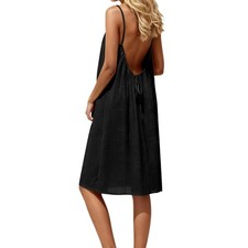 Women's Spaghetti Strap Backless Dress Casual Sleeveless Summer Beach Sundress//