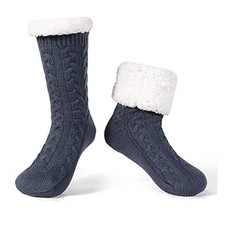 Men's Warm Cozy Slipper Socks with Grips, Non Slip Winter 12-15 Dark Grey