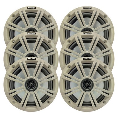 Kicker 6.5'' 195 Watt Max Marine Boat Audio Speakers (Qty 6) w/ White Grilles