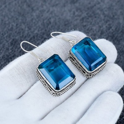London Blue Topaz Gemstone Earring, 925 Sterling Silver Handmade Jewelry, Gift