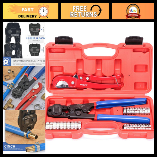 PEX Crimping Tool Kit with Clamps, Cinch & Removal Tool for 3/8"-1" Pipes