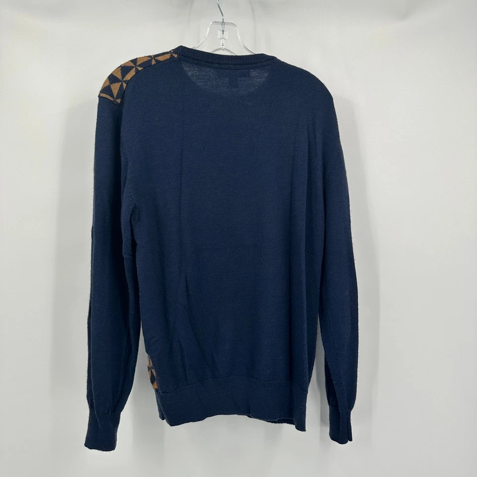 Linea Uomo Mens Wool Blend Sweater Size L Navy Tan Geometric Preppy Classic - Image 2 of 4