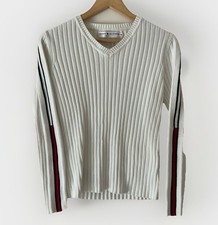 Vintage Tommy Hilfiger Women  s Ivory White Ribbed Sweater Size M Racer Stripe