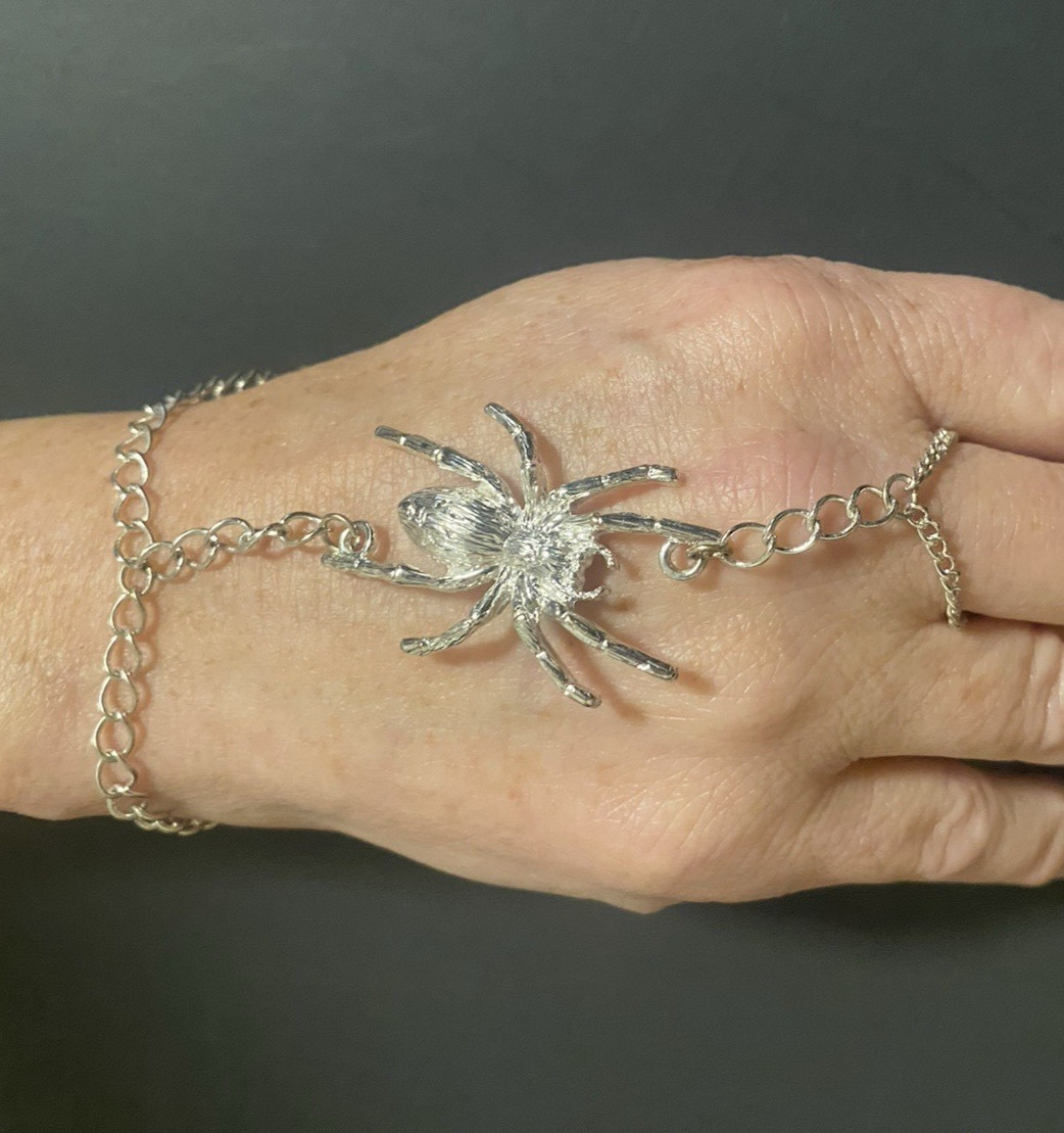 Women's Silver Metal Hand Chain Slave Bracelet with Spider Charm