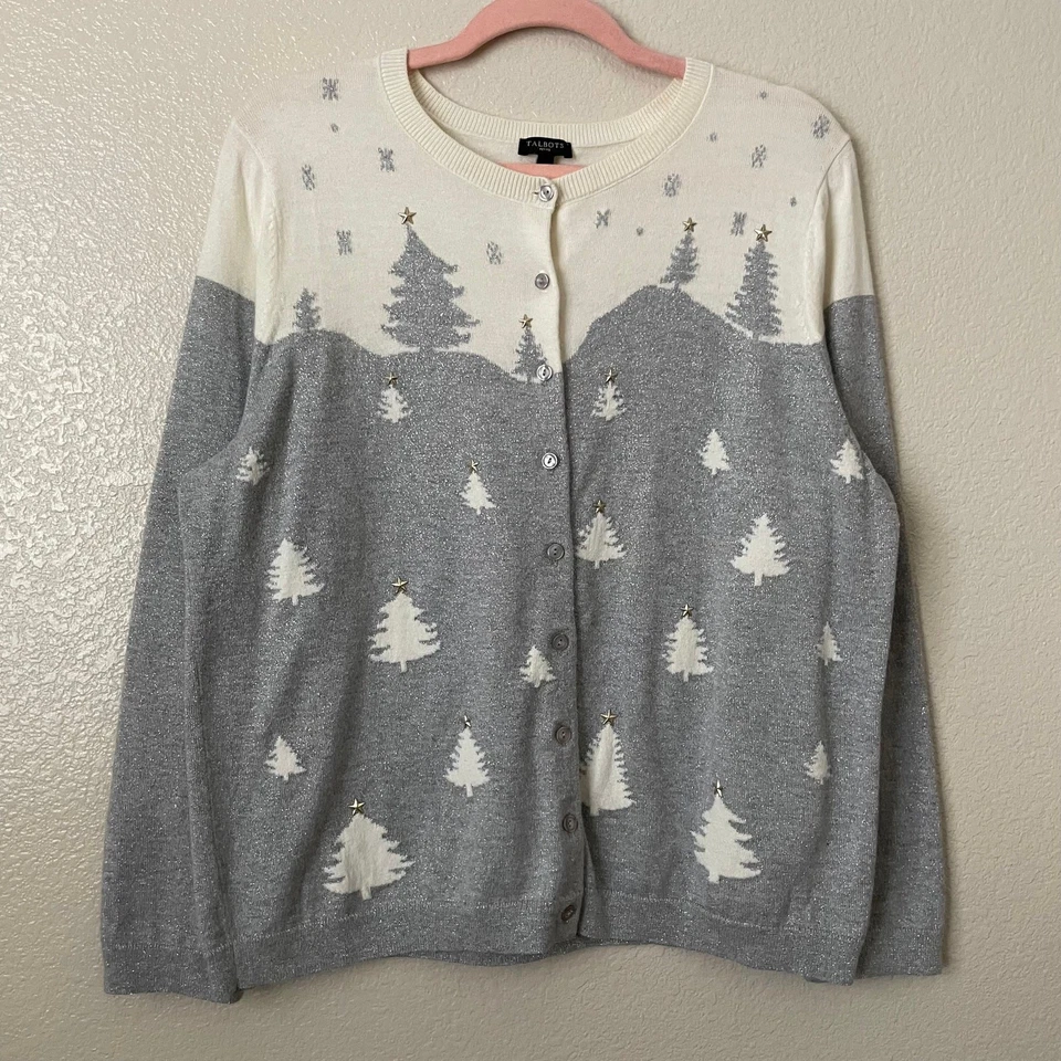 Cárdigan Talbots Mujer XL Pequeño Árbol de Navidad Estrella Suéter Tejido Metálico Foto 2 de 4