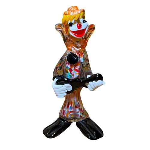 Murano Style Art Glass Clown Figurine 8” Multicolor Hand Blown Clown w/ Guitar