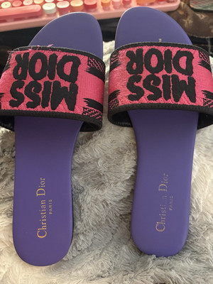 Dior Women s Purple Pink Black Logo Slide Sandals Slip-On Fabric Upper US 8