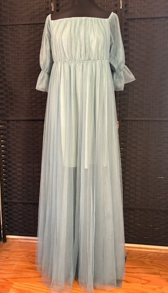 Ever Pretty VESTIDO LARGO DE TUL AZUL CIAN XL Vestido Alto de Malla Bridgerton FairyCore Foto 3 de 4