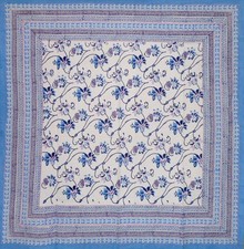 Ajit Flowers Block Print Square Cotton Tablecloth 60" x 60" Blue