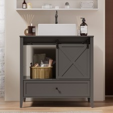 36" Grey Bathroom Vanity Set with Vessel Sink  Storage Cabinet, Barn Door