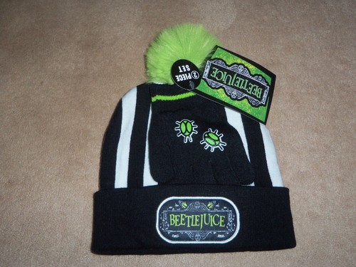 NEW, BEETLEJUICE Pom Pom Beanie Hat & GLOVES SET One Size Adult