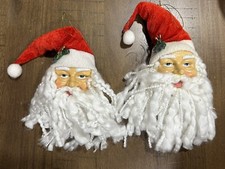 2 Vintage SANTA CLAUS Hard Plastic Face White Yarn Beard Hanging Ornament VGC