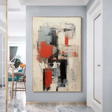 Hand-Painted Modern Black Abstract Oil Painting On Canvas Art Picture Home Red