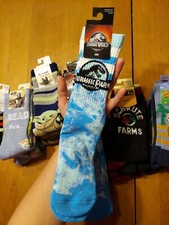 Jurassic World Shoe Size 9-11 Crew Socks Jurassic Park Long Blue White Tiedye