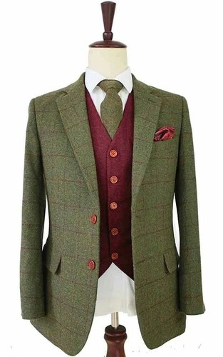 Olive Green Plaid Men Tweed Suit 