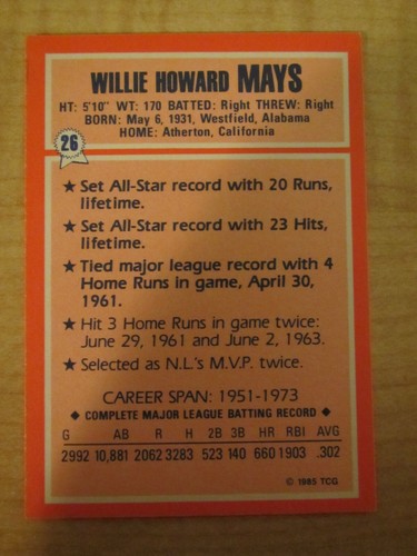 1985 Topps Collectors Series todos los tiempos poseedor del récord Willie Mays #26 Giants - Imagen 2 de 2