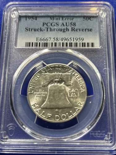 1954Franklin Half Dollar 50c NGC AU 58 Reverse Struck Through Mint Error