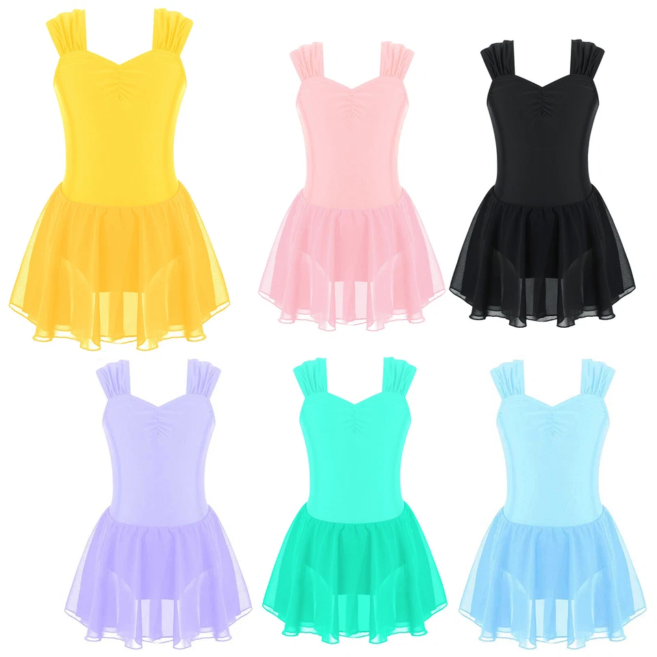 UK Girls Ballet Tutu Dress Mesh Ruched Leotard Dress Ballerina Dancewear Costume - Image 2 of 4