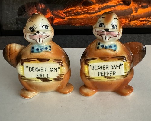 Vintage Salt and Pepper Shaker Beaver Dam Anthropomorphic Kitschy Cute
