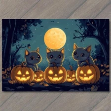 POSTCARD Halloween Black Cats Pumpkin Full Moon Cute Fun Fall Spooky Adorable