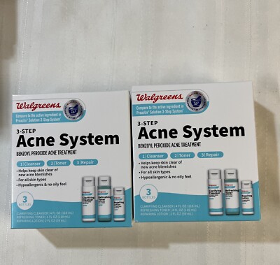 2 Walgreens Complete 3-Step Acne System Benzoyl Peroxide Treatment Kit Exp 7/25